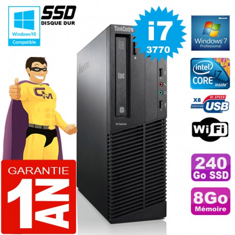 PC Lenovo M92p SFF Core I7-3770 Ram 8Go Disque 240 Go SSD Graveur DVD Wifi W7