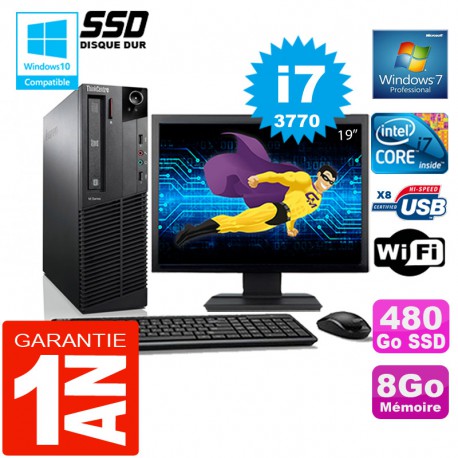 PC Lenovo M92p SFF Core I7-3770 Ram 8Go Disque 480 Go SSD Wifi W7 Ecran 19"