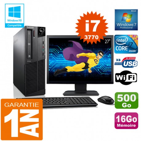 PC Lenovo M92p SFF Core I7-3770 Ram 16Go Disque 500 Go Wifi W7 Ecran 27"