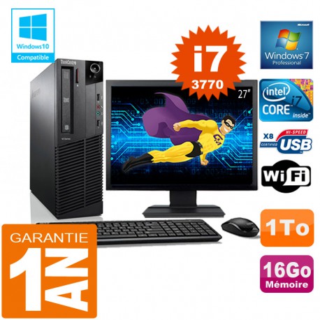 PC Lenovo M92p SFF Core I7-3770 Ram 16Go Disque 1 To Wifi W7 Ecran 27"