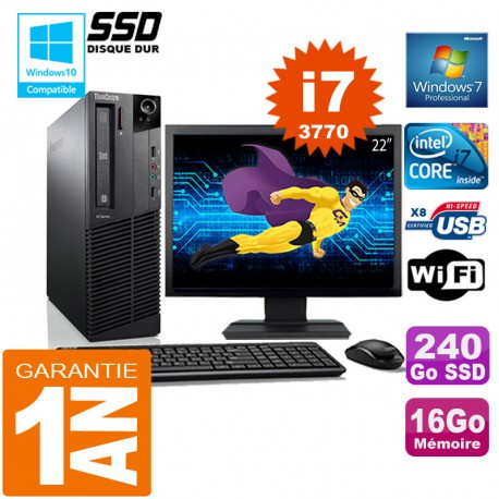 PC Lenovo M92p SFF Core I7-3770 Ram 16Go Disque 240 Go SSD Wifi W7 Ecran 22"