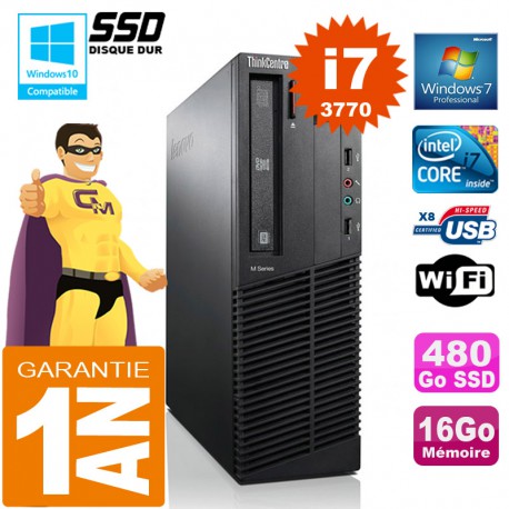 PC Lenovo M92p SFF Core I7-3770 Ram 16Go Disque 480 Go SSD Graveur DVD Wifi W7