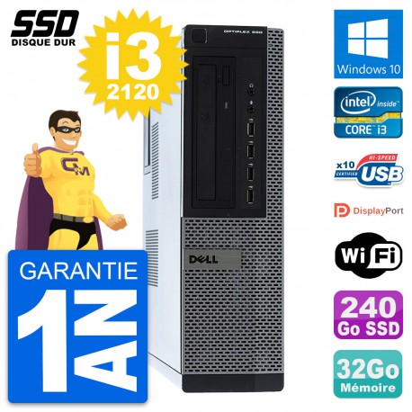 PC Dell OptiPlex 990 DT Intel Core i3-2120 RAM 32Go SSD 240Go Windows 10 Wifi