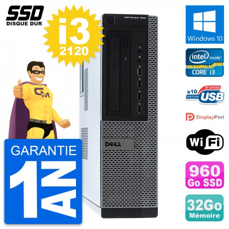 PC Dell OptiPlex 990 DT Intel Core i3-2120 RAM 32Go SSD 960Go Windows 10 Wifi