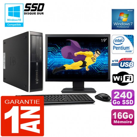 PC HP Compaq 8300 SFF Intel G850 Ram 16Go Disque 240 Go SSD Wifi W7 Ecran 19"
