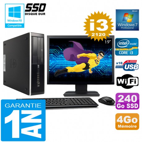 PC HP Compaq 8300 SFF Core I3-2120 Ram 4Go Disque 240 Go SSD Wifi W7 Ecran 19"