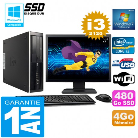 PC HP Compaq 8300 SFF Core I3-2120 Ram 4Go Disque 480 Go SSD Wifi W7 Ecran 27"