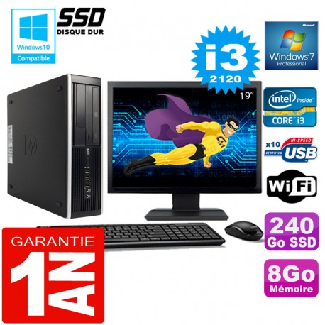 PC HP Compaq 8300 SFF Core I3-2120 Ram 8Go Disque 240 Go SSD Wifi W7 Ecran 19"