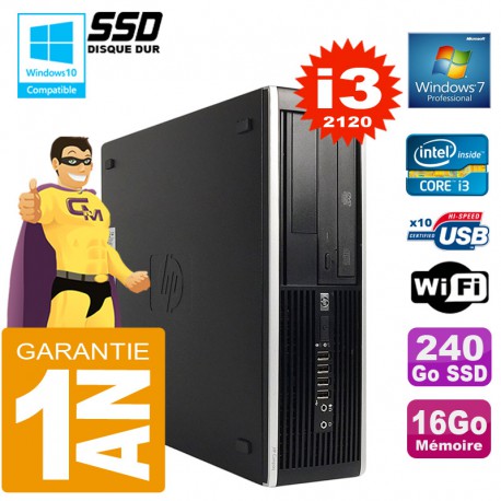 PC HP Compaq 8300 SFF Core I3-2120 Ram 16Go Disque 240Go SSD Graveur DVD Wifi W7