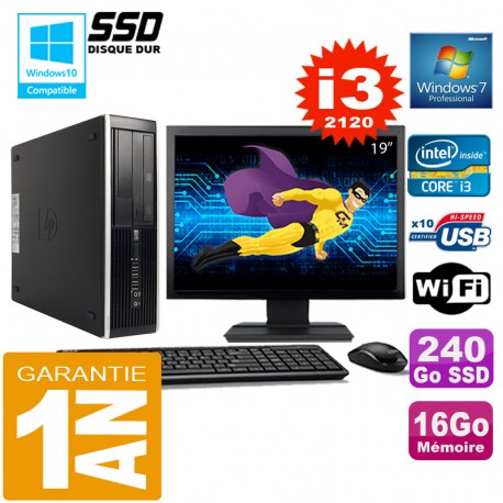 PC HP Compaq 8300 SFF Core I3-2120 Ram 16Go Disque 240 Go SSD Wifi W7 Ecran 19"