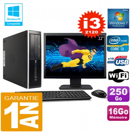PC HP Compaq 8300 SFF Core I3-2120 Ram 16Go Disque 250 Go Wifi W7 Ecran 22"