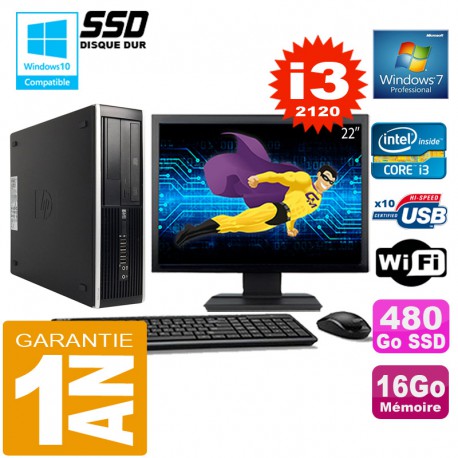 PC HP Compaq 8300 SFF Core I3-2120 Ram 16Go Disque 480 Go SSD Wifi W7 Ecran 22"