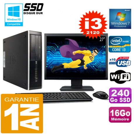 PC HP Compaq 8300 SFF Core I3-2120 Ram 16Go Disque 240 Go SSD Wifi W7 Ecran 27"