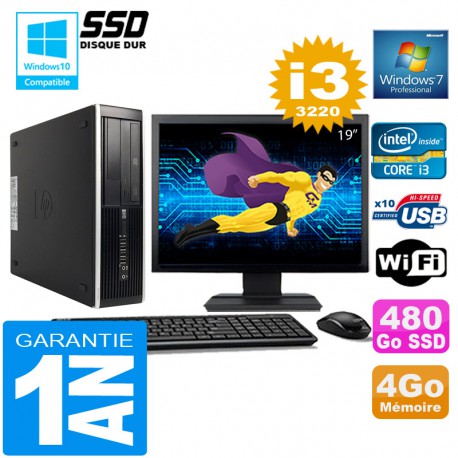 PC HP Compaq 8300 SFF Core I3-3220 Ram 4Go Disque 480 Go SSD Wifi W7 Ecran 19"