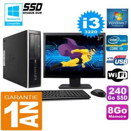 PC HP Compaq 8300 SFF Core I3-3220 Ram 8Go Disque 240 Go SSD Wifi W7 Ecran 27"