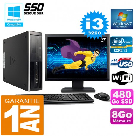 PC HP Compaq 8300 SFF Core I3-3220 Ram 8Go Disque 480 Go SSD Wifi W7 Ecran 27"