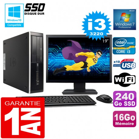 PC HP Compaq 8300 SFF Core I3-3220 Ram 16Go Disque 240 Go SSD Wifi W7 Ecran 19"