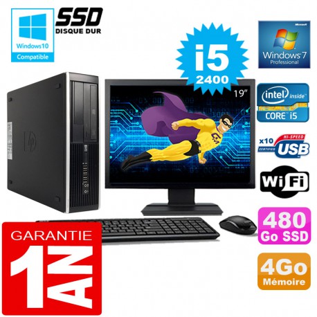 PC HP Compaq 8300 SFF Core I5-2400 Ram 4Go Disque 480 Go SSD Wifi W7 Ecran 19"