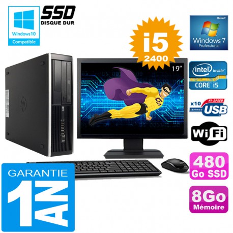 PC HP Compaq 8300 SFF Core I5-2400 Ram 8Go Disque 480 Go SSD Wifi W7 Ecran 19"