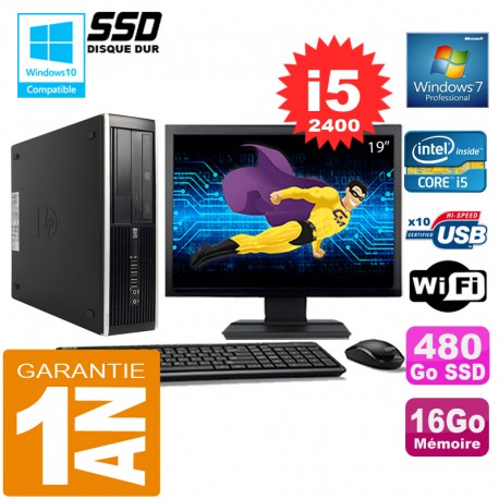 PC HP Compaq 8300 SFF Core I5-2400 Ram 16Go Disque 480 Go SSD Wifi W7 Ecran 19"