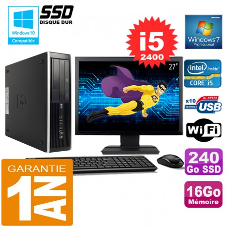 PC HP Compaq 8300 SFF Core I5-2400 Ram 16Go Disque 240 Go SSD Wifi W7 Ecran 27"