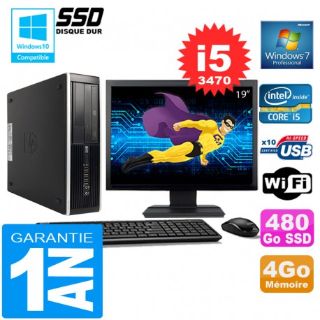 PC HP Compaq 8300 SFF Core I5-3470 Ram 4Go Disque 480 Go SSD Wifi W7 Ecran 19"