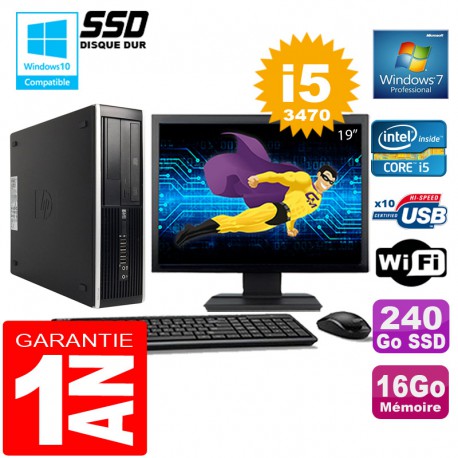PC HP Compaq 8300 SFF Core I5-3470 Ram 16Go Disque 240 Go SSD Wifi W7 Ecran 19"