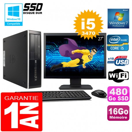 PC HP Compaq 8300 SFF Core I5-3470 Ram 16Go Disque 480 Go SSD Wifi W7 Ecran 27"