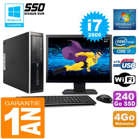 PC HP Compaq 8300 SFF Core I7-2600 Ram 4Go Disque 240 Go SSD Wifi W7 Ecran 22"