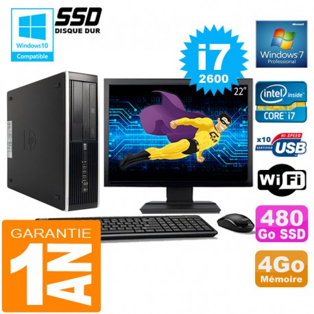 PC HP Compaq 8300 SFF Core I7-2600 Ram 4Go Disque 480 Go SSD Wifi W7 Ecran 22"