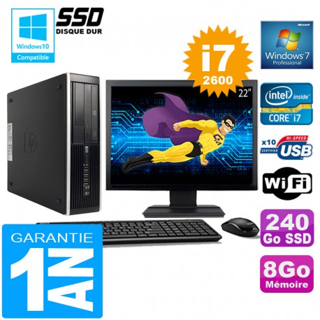 PC HP Compaq 8300 SFF Core I7-2600 Ram 8Go Disque 240 Go SSD Wifi W7 Ecran 22"