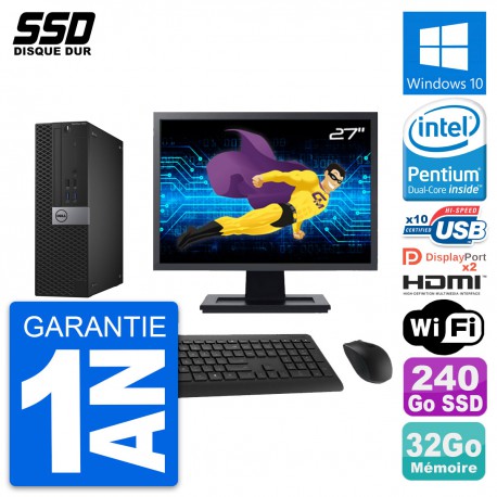 PC Dell 7040 SFF Ecran 27" Intel G4400 RAM 32Go SSD 240Go HDMI Windows 10 Wifi