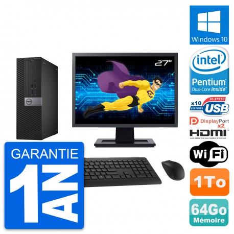 PC Dell 7040 SFF Ecran 27" Intel G4400 RAM 64Go Disque 1To HDMI Windows 10 Wifi