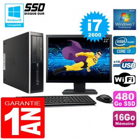 PC HP Compaq 8300 SFF Core I7-2600 Ram 16Go Disque 480 Go SSD Wifi W7 Ecran 22"