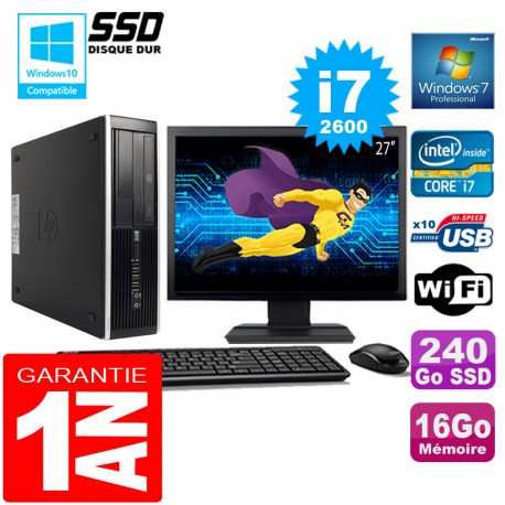 PC HP Compaq 8300 SFF Core I7-2600 Ram 16Go Disque 240 Go SSD Wifi W7 Ecran 27"