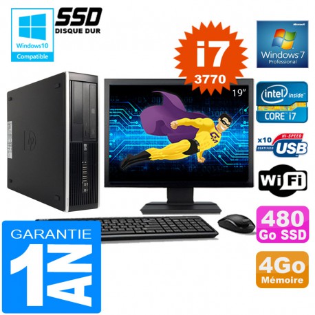 PC HP Compaq 8300 SFF Core I7-3770 Ram 4Go Disque 480 Go SSD Wifi W7 Ecran 19"