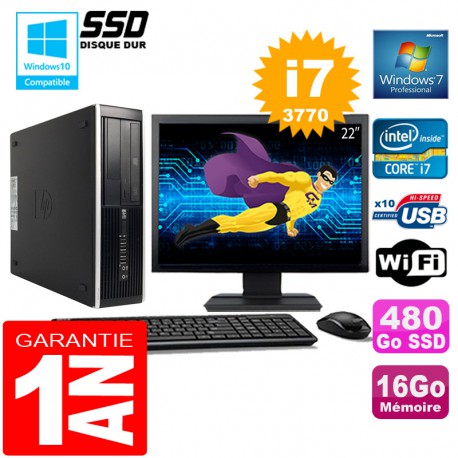 PC HP Compaq 8300 SFF Core I7-3770 Ram 16Go Disque 480 Go SSD Wifi W7 Ecran 22"