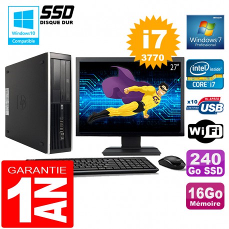 PC HP Compaq 8300 SFF Core I7-3770 Ram 16Go Disque 240 Go SSD Wifi W7 Ecran 27"
