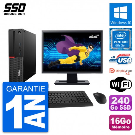 PC Lenovo M800 SFF Ecran 22" Intel G4400 RAM 16Go SSD 240Go Windows 10 Wifi