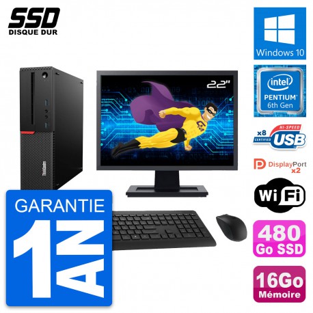 PC Lenovo M800 SFF Ecran 22" Intel G4400 RAM 16Go SSD 480Go Windows 10 Wifi