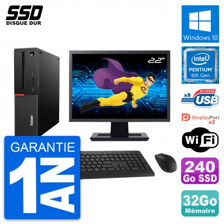 PC Lenovo M800 SFF Ecran 22" Intel G4400 RAM 32Go SSD 240Go Windows 10 Wifi