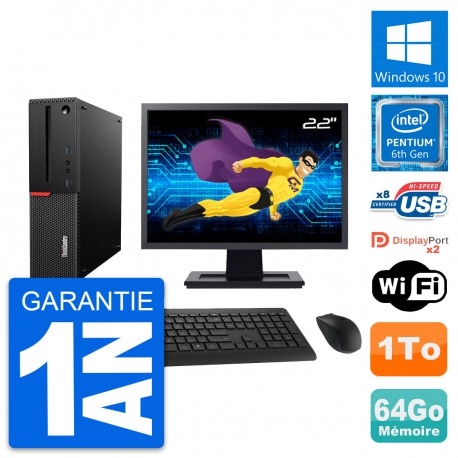 PC Lenovo M800 SFF Ecran 22" Intel G4400 RAM 64Go Disque Dur 1To Windows 10 Wifi