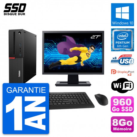 PC Lenovo M800 SFF Ecran 27" Intel G4400 RAM 8Go SSD 960Go Windows 10 Wifi