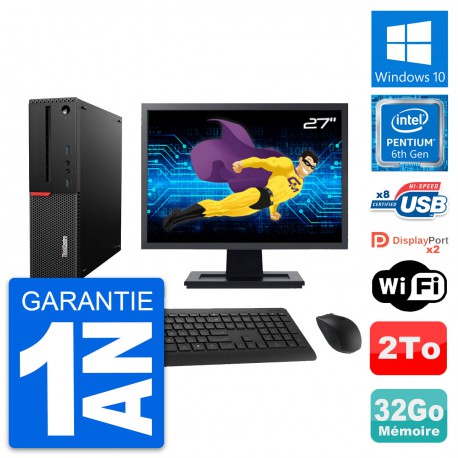 PC Lenovo M800 SFF Ecran 27" Intel G4400 RAM 32Go Disque Dur 2To Windows 10 Wifi