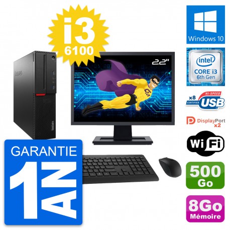 PC Lenovo M800 SFF Ecran 22" Intel i3-6100 RAM 8Go Disque 500Go Windows 10 Wifi