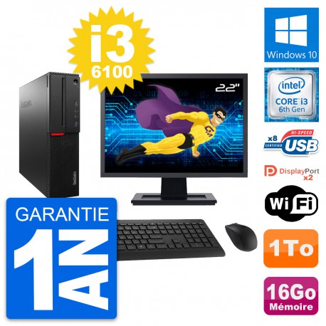 PC Lenovo M800 SFF Ecran 22" Intel i3-6100 RAM 16Go Disque 1To Windows 10 Wifi
