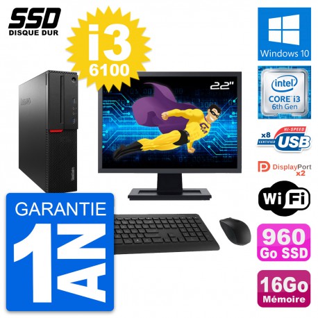 PC Lenovo M800 SFF Ecran 22" Intel i3-6100 RAM 16Go SSD 960Go Windows 10 Wifi