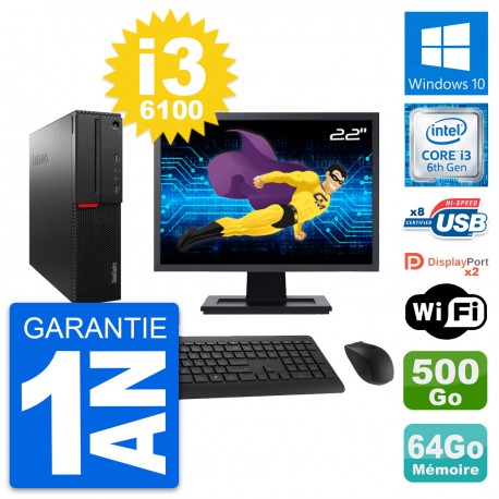 PC Lenovo M800 SFF Ecran 22" i3-6100 RAM 64Go Disque Dur 500Go Windows 10 Wifi