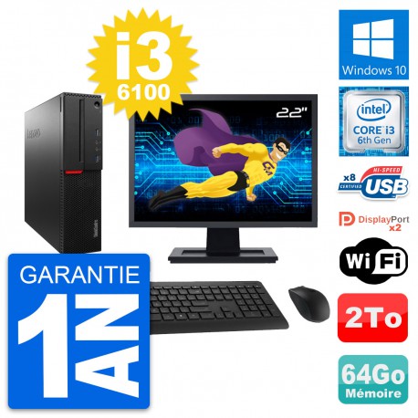 PC Lenovo M800 SFF Ecran 22" Intel i3-6100 RAM 64Go Disque 2To Windows 10 Wifi