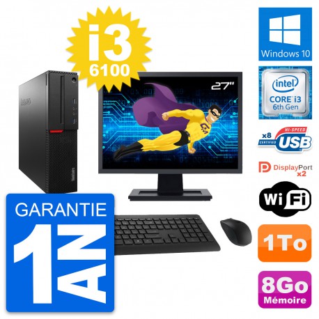 PC Lenovo M800 SFF Ecran 27" Intel i3-6100 RAM 8Go Disque 1To Windows 10 Wifi
